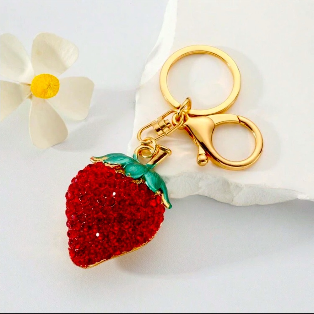 Sparkling Rhinestone Strawberry 🍓 Bag Charm Keychain with Gold Hardware NWT - Picture 1 of 8